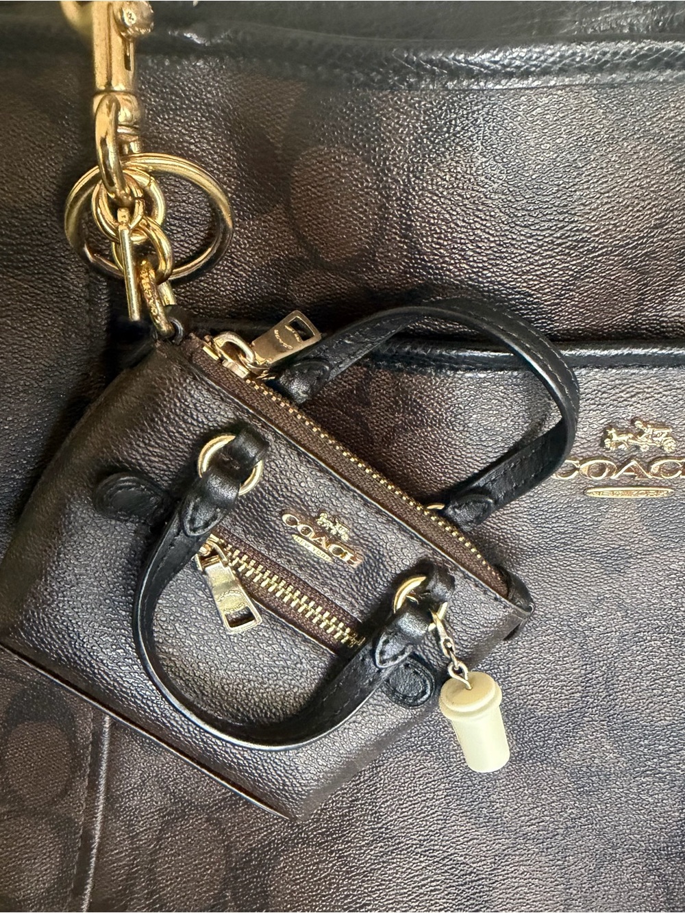Coach Brown & Black Signature Canvas Tote with matching mini key charm purse